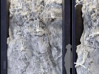 White Human Sculptures on Textured Rock Wall with Silhouette Art 3d model