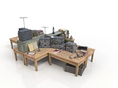Vintage Wooden Table With Old Books Boxes And Small Equipment 3d model