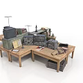 Vintage Wooden Table With Old Books Boxes And Small Equipment