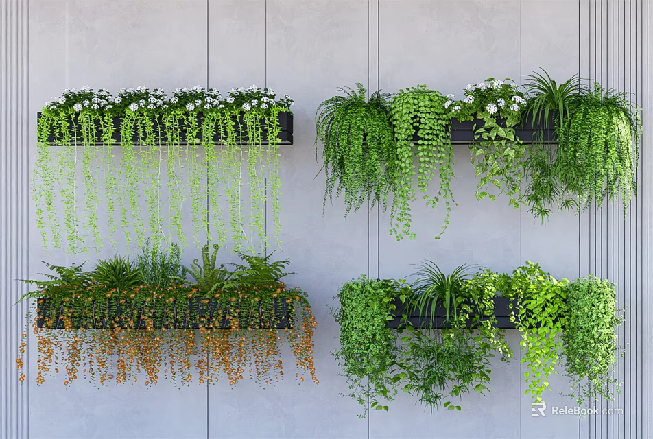 Lush Trailing Hanging Basket Plants In Wall Mounted Planters For Home Decor 3d model 