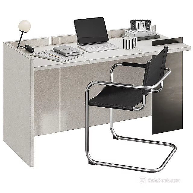 Modern Office Desk With Laptop Black Chair Desk Lamp Notebook And Stationery 3d model 