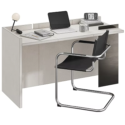 Modern Office Desk With Laptop Black Chair Desk Lamp Notebook And Stationery 3d model