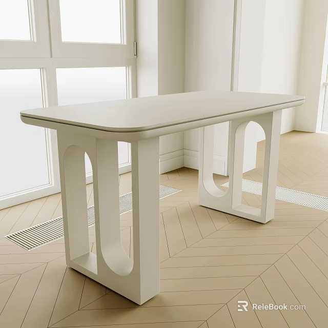 White Dining Table With Distinctive Legs In Bright Room With Windows And Light Herringbone Floor 3d model 