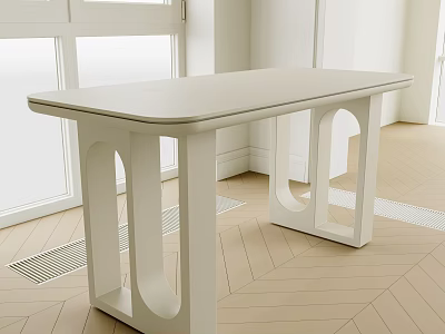 White Dining Table With Distinctive Legs In Bright Room With Windows And Light Herringbone Floor 3d model
