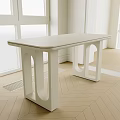 White Dining Table With Distinctive Legs In Bright Room With Windows And Light Herringbone Floor 3d model