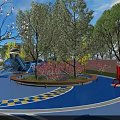 Park Landscape Featuring Curved Blue Water Play Slides Green Lawns And Pink Flowering Trees