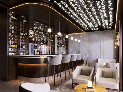 Stylish Bar Interior Design With Wine Racks Bar Counter Stools And Modern Lighting 3d model