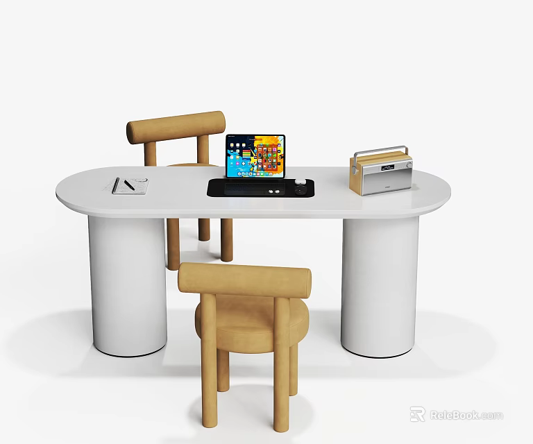 White Oval Desk With Tablet Black Stand Silver Box And Beige Chairs 3d model 