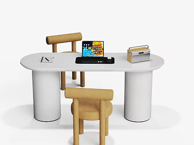 White Oval Desk With Tablet Black Stand Silver Box And Beige Chairs 3d model
