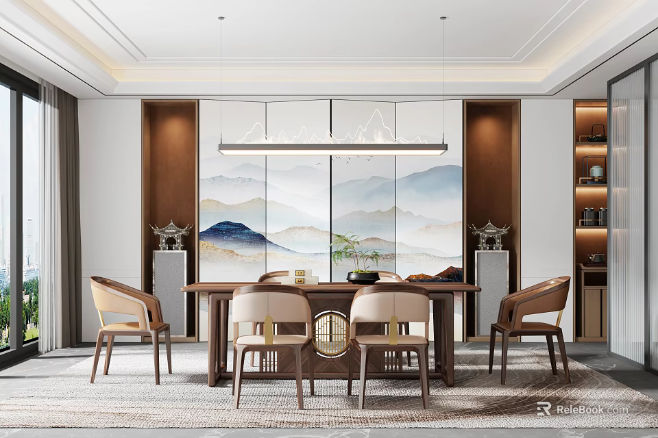 Elegant Modern Restaurant Interior With Landscape Painting Backdrop Wooden Dining Table Chairs And Pendant Lights 3d model 