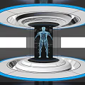 Futuristic Display Shelves With Holographic Human Anatomy Projection And Blue Lighting