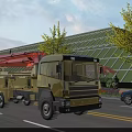 Yellow Utility Vehicle With Red Boom Parked Roadside Near Green Grid Structure And Purple Flowers