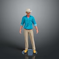 Man Wearing Blue Shirt Beige Pants And Hat With Yellow Shoes On Gray Platform