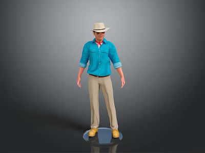 Man Wearing Blue Shirt Beige Pants And Hat With Yellow Shoes On Gray Platform 3d model