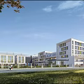 Modern School Buildings On Campus With Green Lawn And Clear Sky