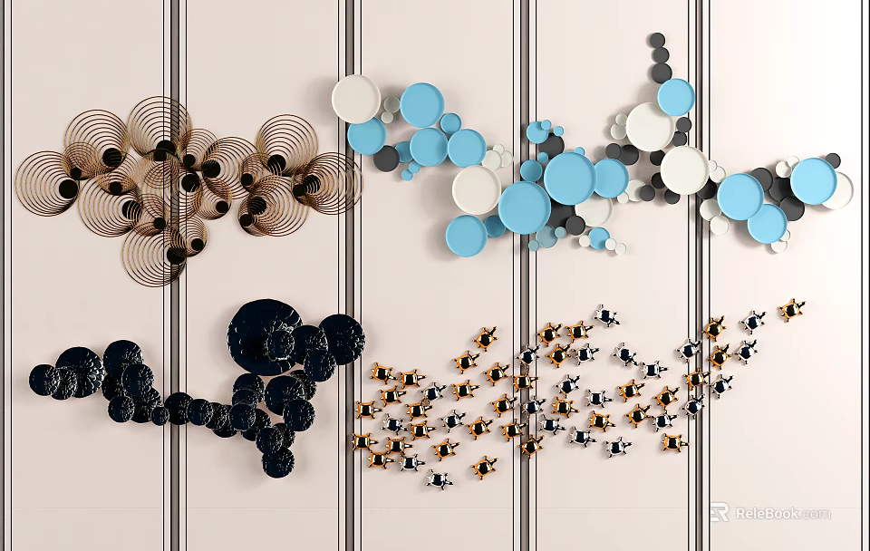 Creative Circular Wall Decorations With Blue White Black And Brown Geometric Designs 3d model