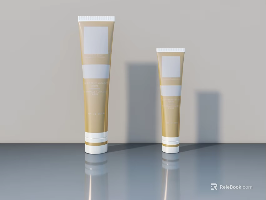 Gold Cosmetic Tubes Display on Reflective Surface with Light Colored Wall Background 3d model