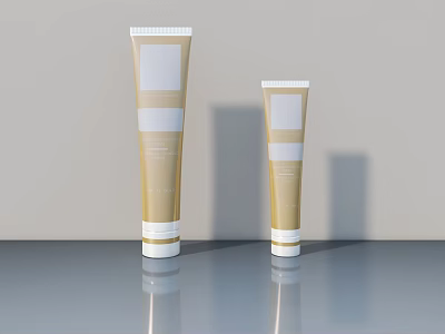 Gold Cosmetic Tubes Display on Reflective Surface with Light Colored Wall Background 3d model