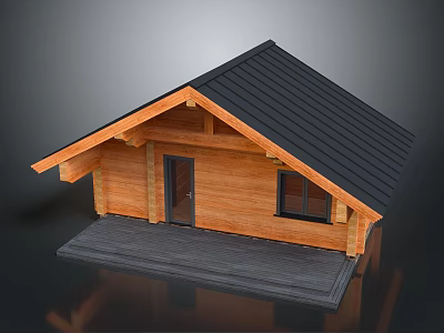 Wooden Log Cabin With Black Roof Door Window And Porch Platform 3d model