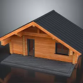 Wooden Log Cabin With Black Roof Door Window And Porch Platform
