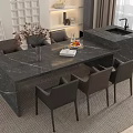Modern Black Marble Dining Table Set with Leather Chairs and Kitchen Island 3d model