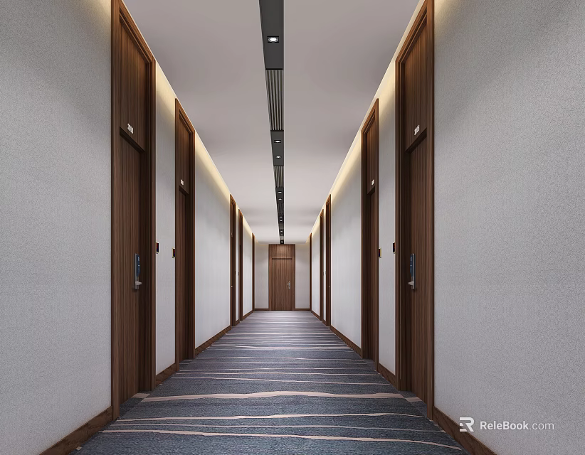 Modern Elevator Corridor With Wooden Doors Ceiling Lights And Patterned Carpet 3d model