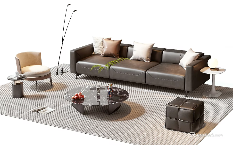 Modern Leather Sofa And Marble Coffee Table Set With Throw Pillows Accent Chair Striped Rug 3d model 