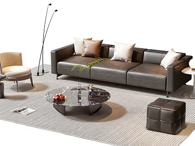 Modern Leather Sofa And Marble Coffee Table Set With Throw Pillows Accent Chair Striped Rug 3d model