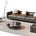 Modern Leather Sofa And Marble Coffee Table Set With Throw Pillows Accent Chair Striped Rug
