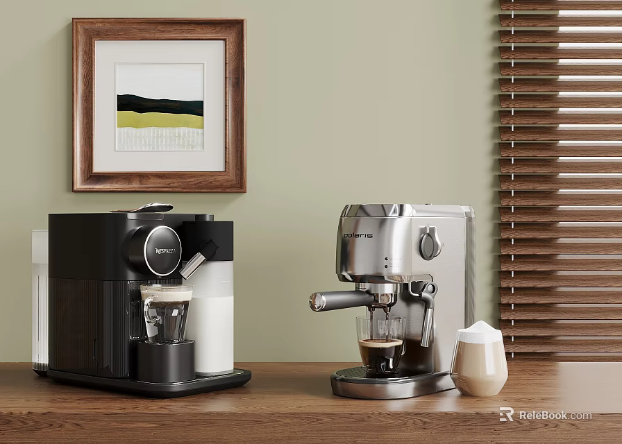 Modern Kitchen Coffee Machines On Wooden Countertop With Artwork And Blinds 3d model 