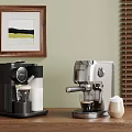 Modern Kitchen Coffee Machines On Wooden Countertop With Artwork And Blinds