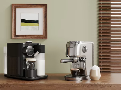 Modern Kitchen Coffee Machines On Wooden Countertop With Artwork And Blinds 3d model