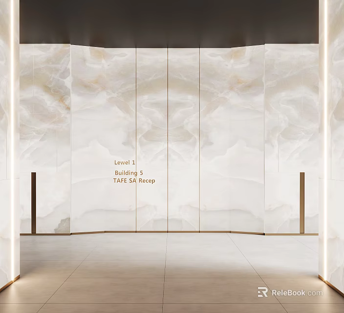 Marble Texture Background Wall in Elevator Lobby with Metal Columns and Light Colored Tiled Floor 3d model 