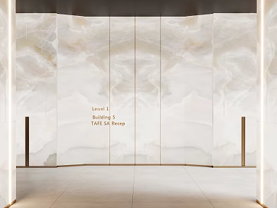 Marble Texture Background Wall in Elevator Lobby with Metal Columns and Light Colored Tiled Floor 3d model