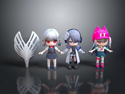 Cute Anime Style Cartoon Characters With Various Outfits And White Decorative Ornament 3d model