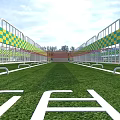 Outdoor Sports Field With Green Lawn Colorful Track Obstacles Blue Canopies And Decorative Arch