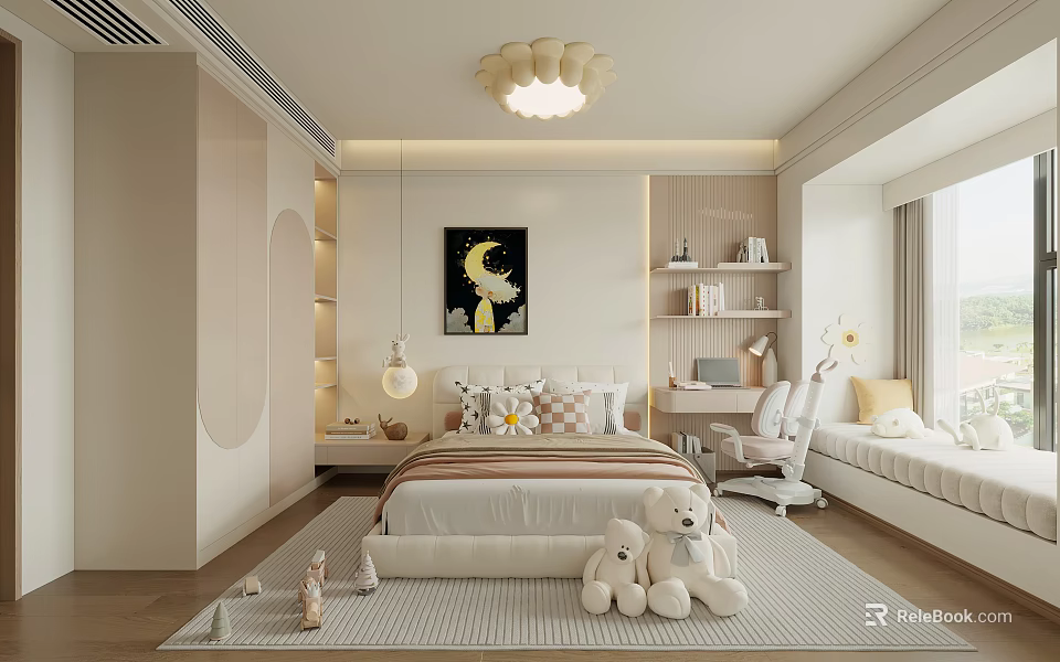 Modern Kids Room With White Bed Stuffed Toys Moon Painting Bookshelf Desk And Chandelier 3d model 