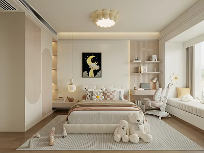 Modern Kids Room With White Bed Stuffed Toys Moon Painting Bookshelf Desk And Chandelier 3d model