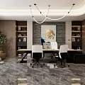 Elegant Modern Office Interior With Marble Wall Reception Desk Bookshelves And Sofa Area