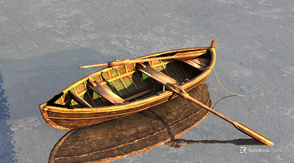 Old Fashioned Wooden Boat With Oar Floating On Calm Water With Reflections 3d model 