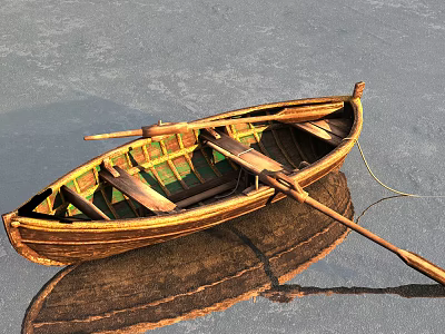Old Fashioned Wooden Boat With Oar Floating On Calm Water With Reflections 3d model
