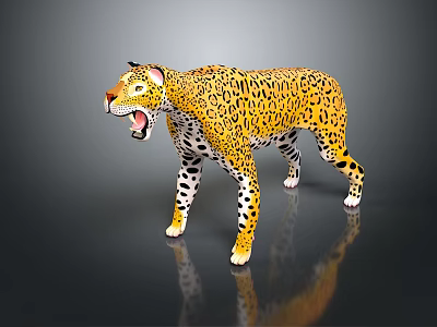 3D Leopard Model With Yellow Fur Black Spots Open Mouth Standing On Black Background 3d model