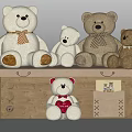Multiple Sizes Teddy Bear Dolls On Wooden Box With Red Heart