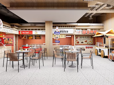 Shopping Mall Food Court With Multiple Restaurants Dining Tables Chairs And Snack Carts 3d model