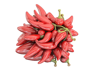 Fresh Vibrant Red Chili Peppers Bunch With Green Stems On White Background 3d model