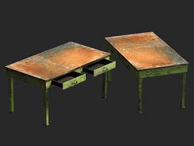 Vintage Style Side Tables With Distressed Wooden Tops And Green Painted Legs 3d model