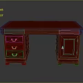 Classic Red Wooden Desk Featuring Three Drawers Single Cabinet And Golden Handles