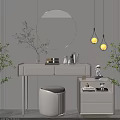 Modern Dressing Table With Round Mirror Hanging Lights Drawers And Green Plants