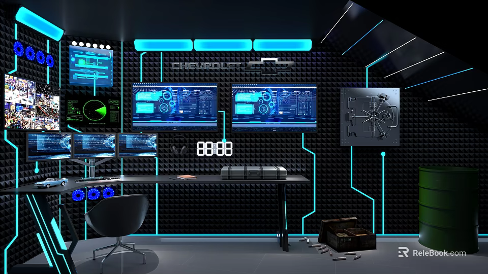 Cartoon Futuristic Tech Room Featuring Multiple Screens Data Displays And Blue Neon Lights 3d model 