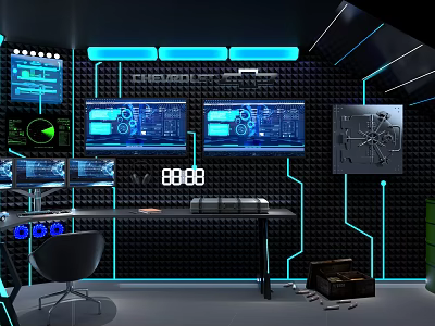 Cartoon Futuristic Tech Room Featuring Multiple Screens Data Displays And Blue Neon Lights 3d model